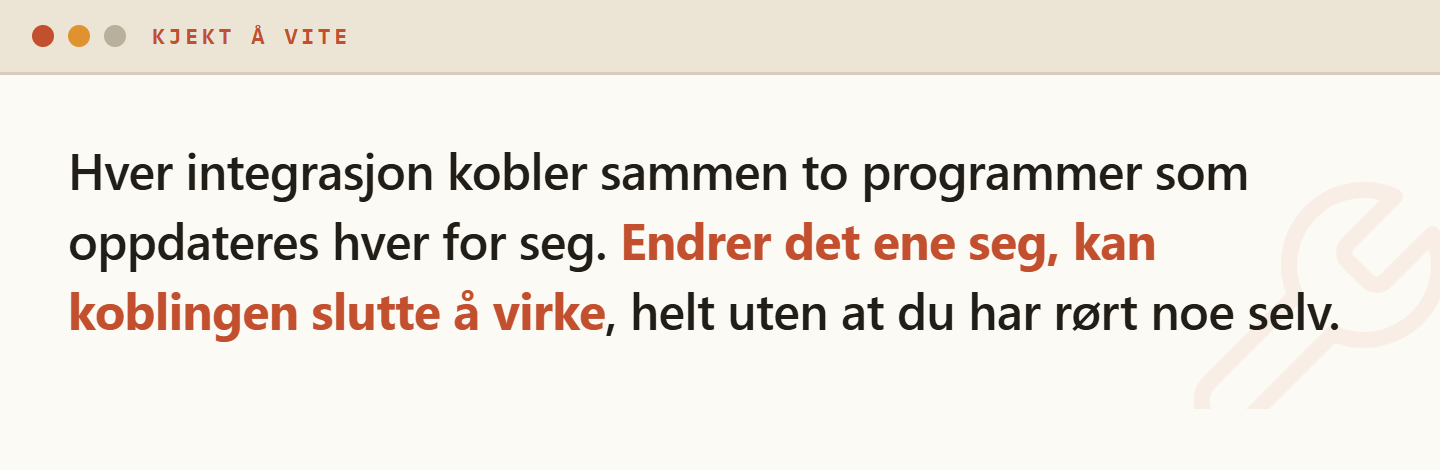 Faktaboks som forklarer at hver integrasjon kobler to programmer som oppdateres hver for seg, og at koblingen kan slutte å virke når det ene endrer seg