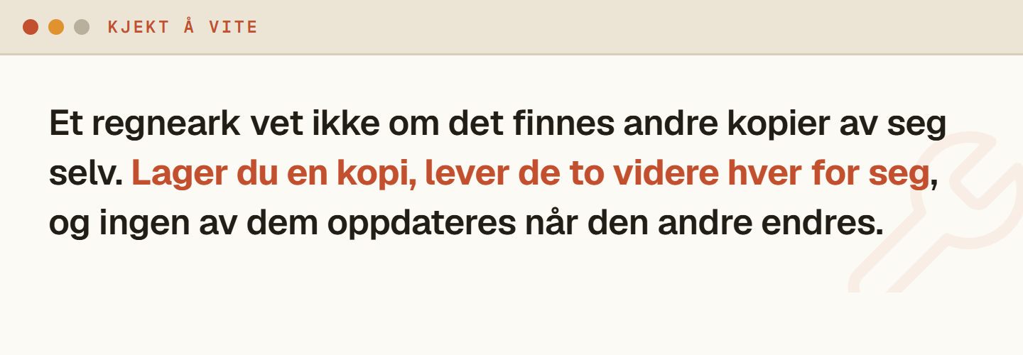 Fakta om at regneark-kopier lever hver for seg og ikke oppdateres mot hverandre
